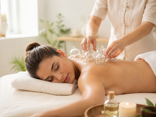 Cupping therapy cups on a client’s back