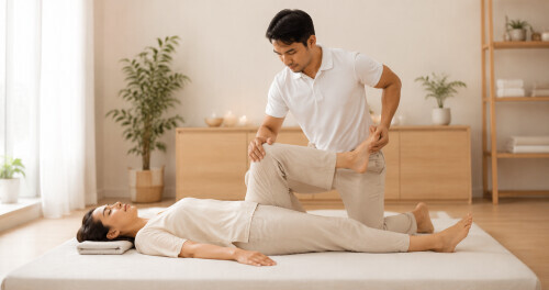 Registered Massage Therapist performing an assisted leg stretch during a Thai massage session