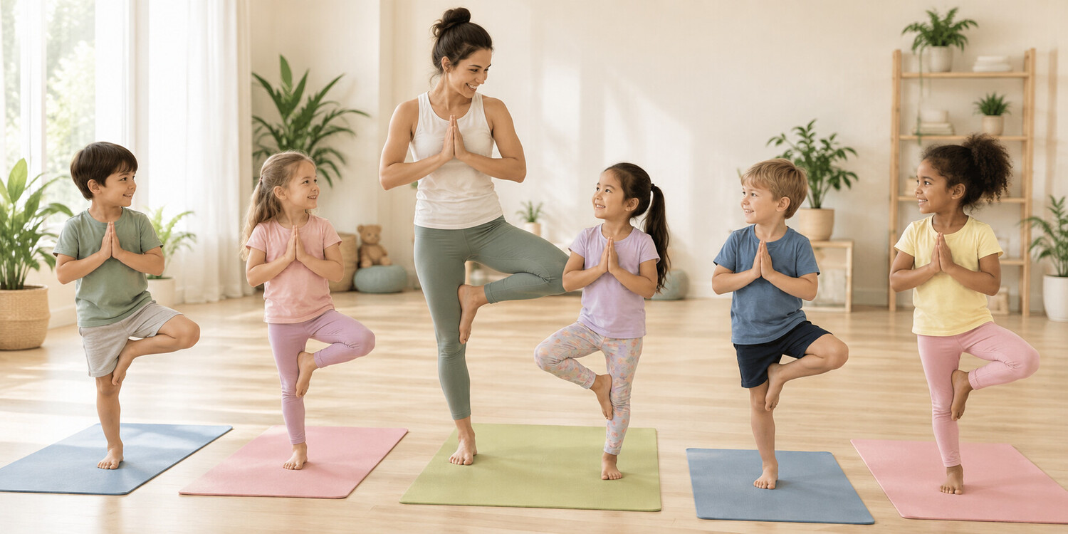 Children in a kids yoga class at Dolphin Dive in London, Ontario, sitting on mats with an instructor