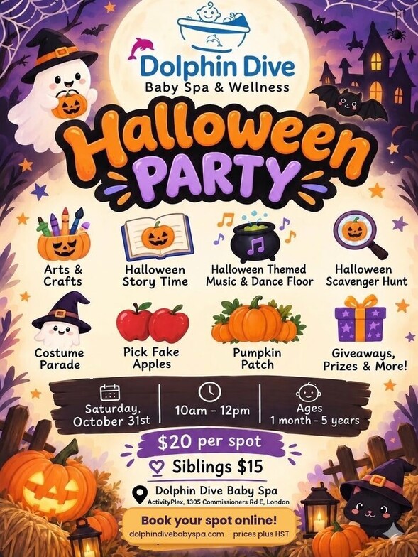 Dolphin Dive Halloween Party flyer: arts and crafts, story time, music and dance floor, scavenger hunt, costume parade, pick fake apples, pumpkin patch, giveaways and prizes. Saturday October 31, 10 AM to 12 PM, ages 1 month to 5 years