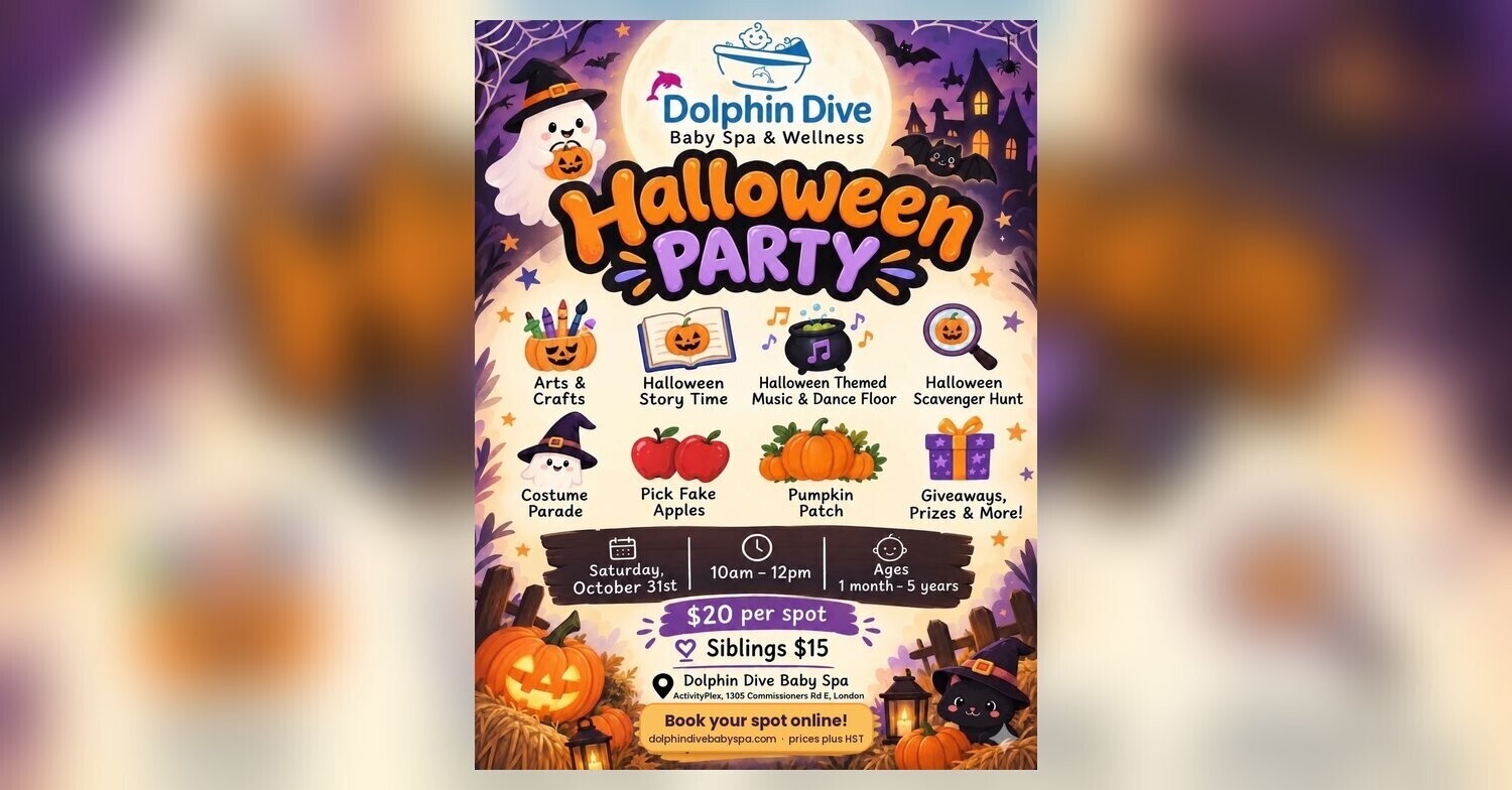 Dolphin Dive Halloween Party flyer for babies and toddlers in London, Ontario, Saturday October 31