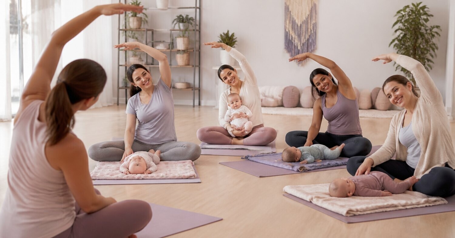 Parents and babies in a Baby and Me yoga class at Dolphin Dive in London, Ontario